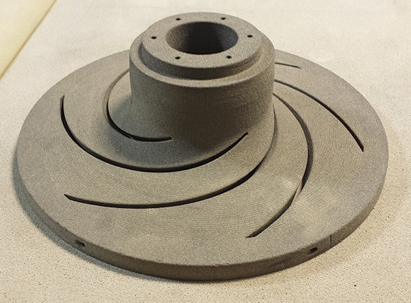 28-inch diameter 3-D printed sand core impeller with six veins, the cope view shown