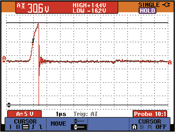 Figure 1. Typical of high-amplitude EDM discharges, this waveform shows the buildup of voltage on an ungrounded motor shaft, followed by a discharge. The vertical line indicates a sharp drop in voltage. (Graphics courtesy of Marathon Electric Motors)