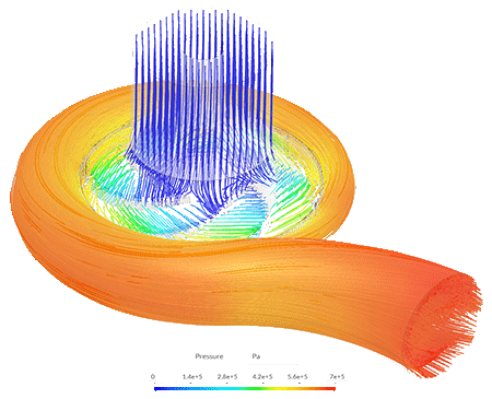 Pressure visualization through a centrifugal pump using simulation. 