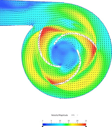 CFD simulation of crude oil ﬂowing through a centrifugal pump. The streamlines show velocity, with red indicating higher speeds.