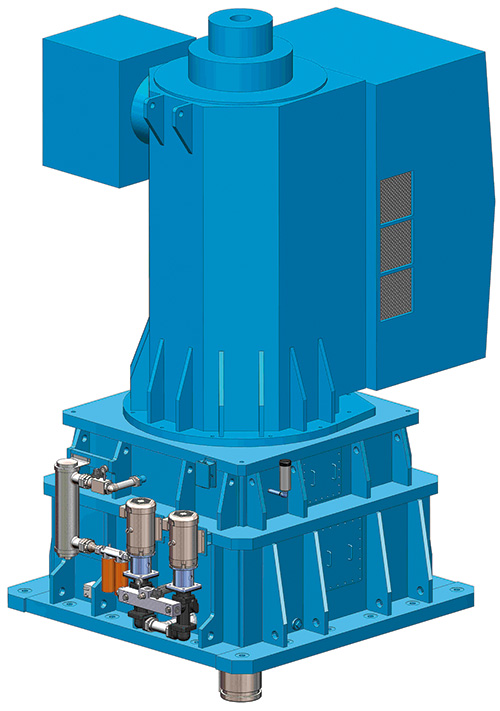 A vertically mounted, four-pole design, large horsepower AC motor sits on a planetary gear reducer.
