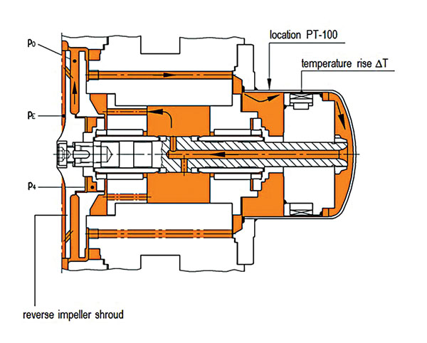 Detailed internal circulation flow path for pump with impeller injection bores allows for fluid to remain above suction pressure.