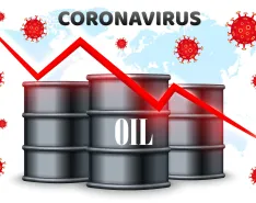 Arrow pointing down in front of oil barrels and the word coronavirus