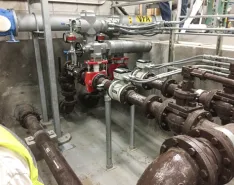 Dissolved air flotation feed control pinch valves equipped with electric motor actuators at a plant in Meridian, Florida. 